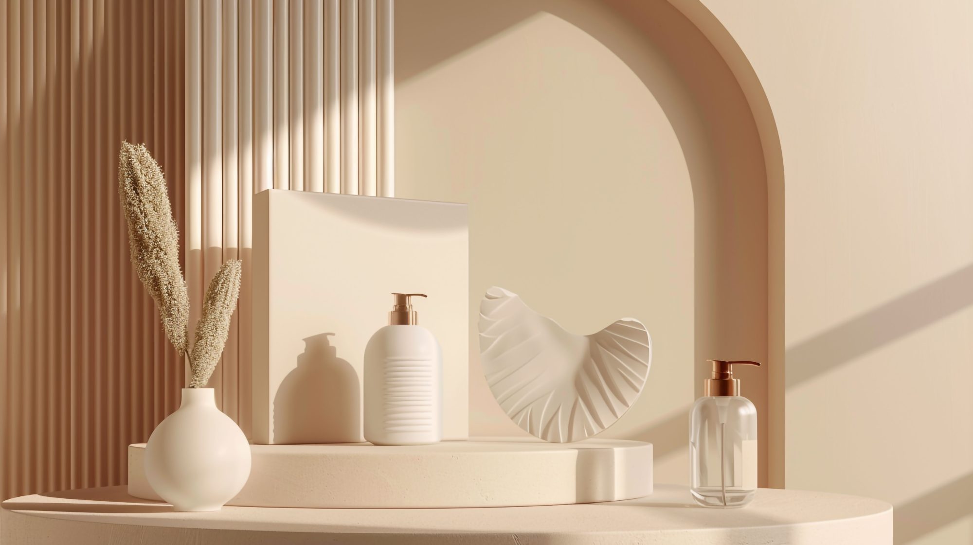 Natural skincare products arranged in a soft, warm setting